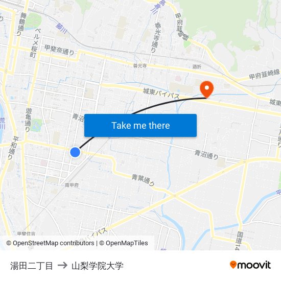 湯田二丁目 to 山梨学院大学 map