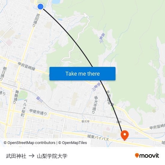 武田神社 to 山梨学院大学 map