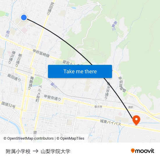 附属小学校 to 山梨学院大学 map