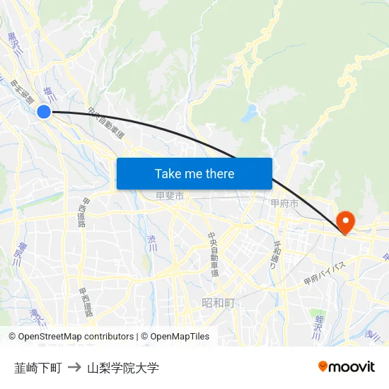 韮崎下町 to 山梨学院大学 map