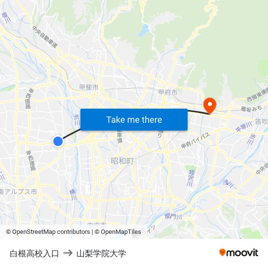 白根高校入口 to 山梨学院大学 map