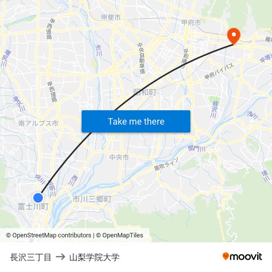 長沢三丁目 to 山梨学院大学 map