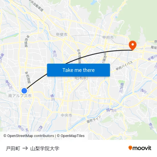 戸田町 to 山梨学院大学 map