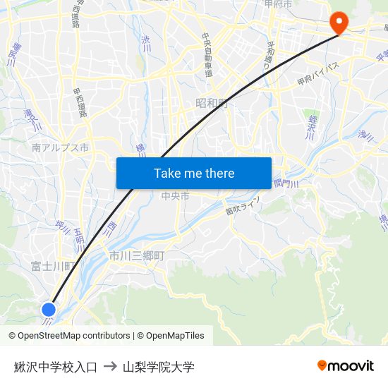 鰍沢中学校入口 to 山梨学院大学 map
