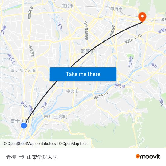 青柳 to 山梨学院大学 map