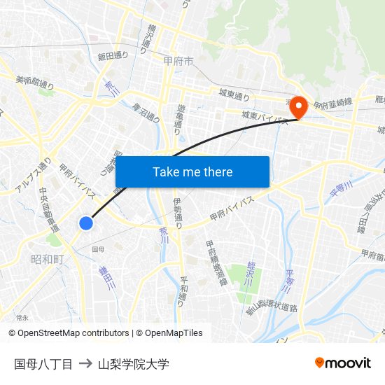 国母八丁目 to 山梨学院大学 map