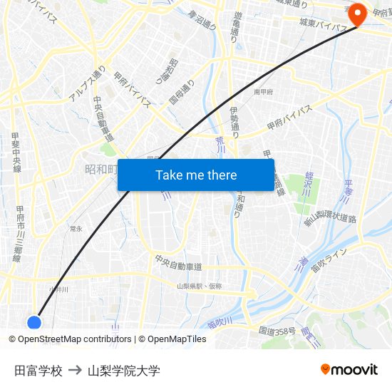 田富学校 to 山梨学院大学 map
