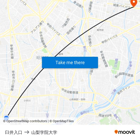 臼井入口 to 山梨学院大学 map