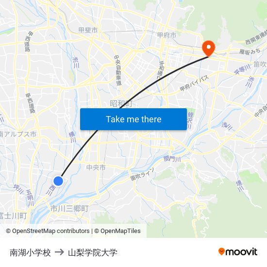 南湖小学校 to 山梨学院大学 map