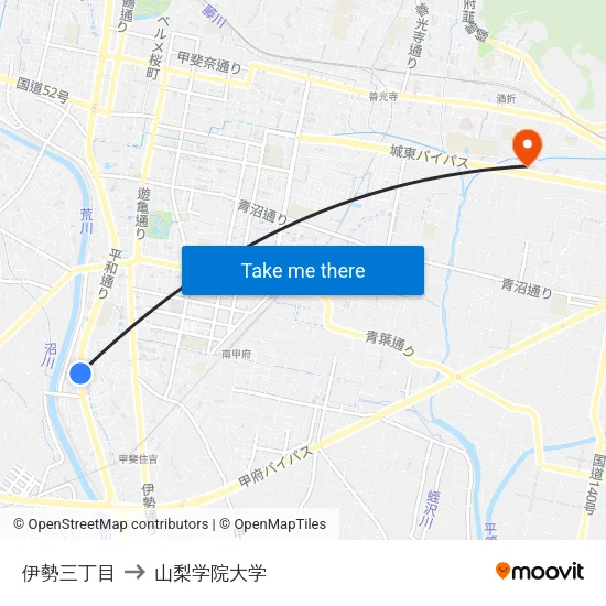 伊勢三丁目 to 山梨学院大学 map