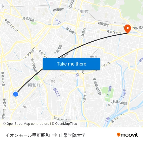イオンモール甲府昭和 to 山梨学院大学 map