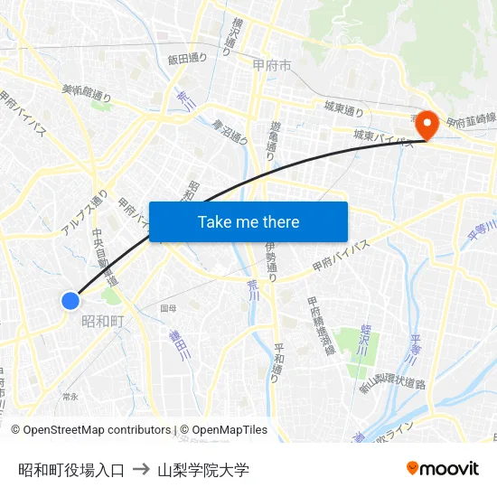 昭和町役場入口 to 山梨学院大学 map