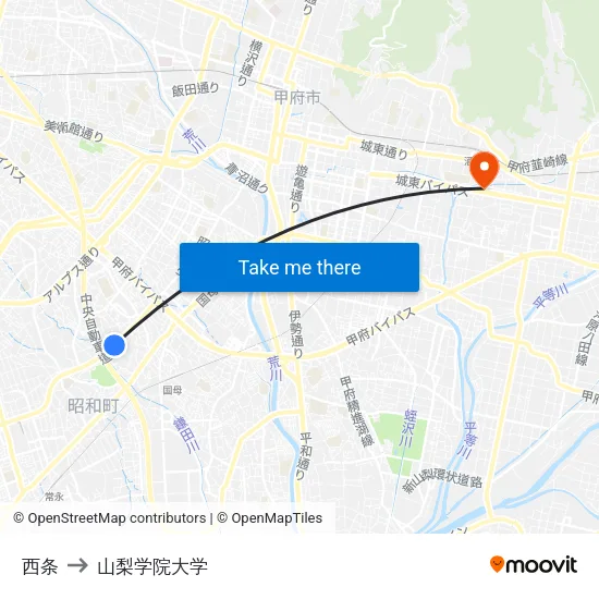 西条 to 山梨学院大学 map
