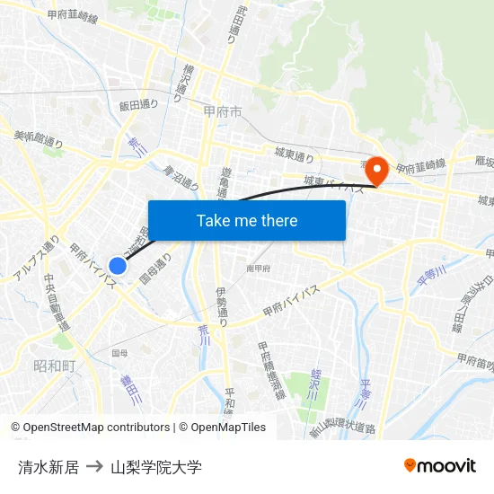 清水新居 to 山梨学院大学 map