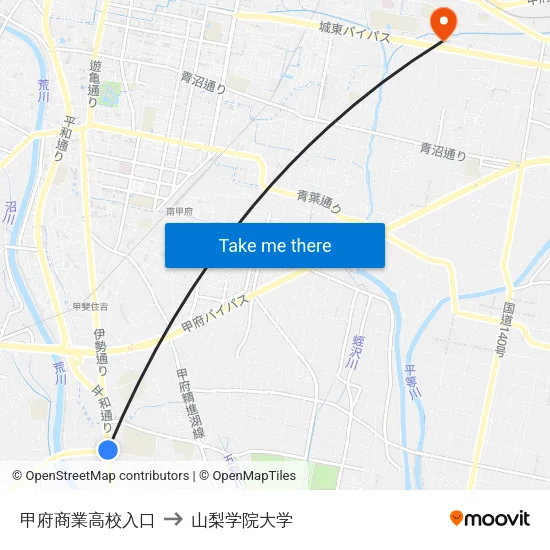 甲府商業高校入口 to 山梨学院大学 map