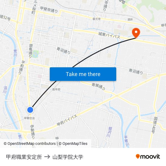 甲府職業安定所 to 山梨学院大学 map