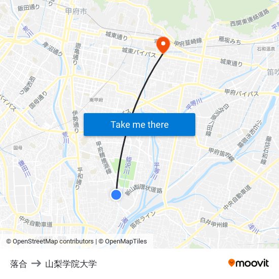 落合 to 山梨学院大学 map