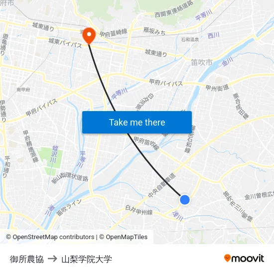 御所農協 to 山梨学院大学 map