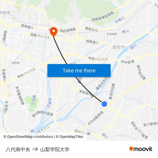 八代南中央 to 山梨学院大学 map