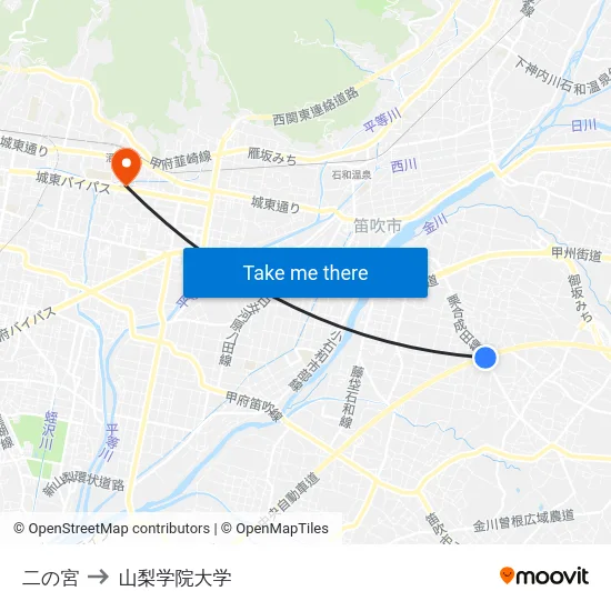 二の宮 to 山梨学院大学 map