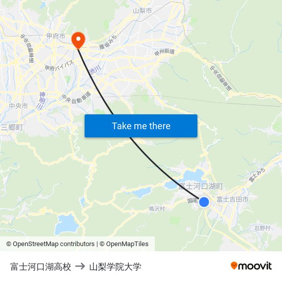富士河口湖高校 to 山梨学院大学 map