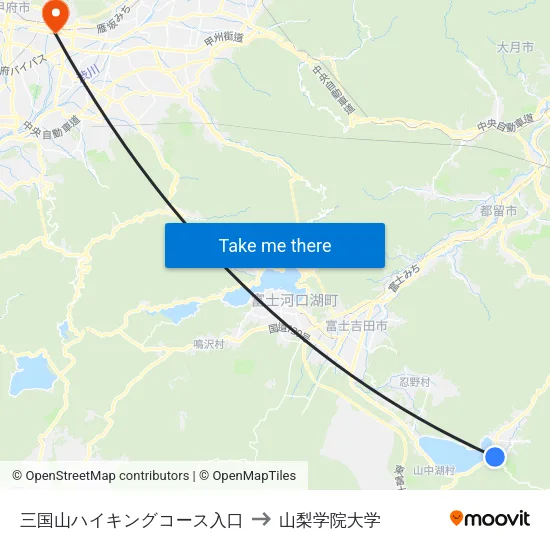 三国山ハイキングコース入口 to 山梨学院大学 map
