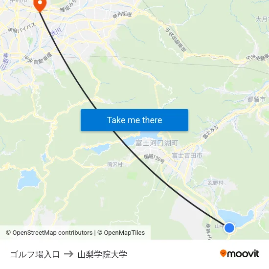 ゴルフ場入口 to 山梨学院大学 map