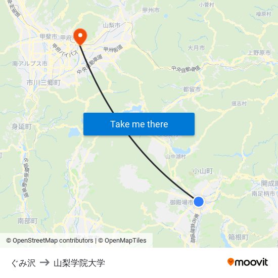 ぐみ沢 to 山梨学院大学 map