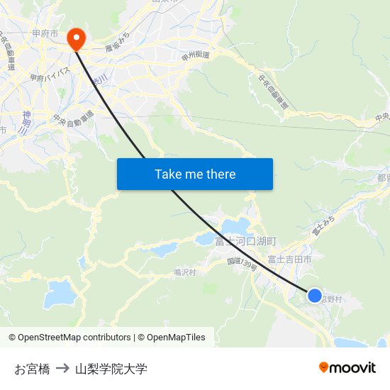 お宮橋 to 山梨学院大学 map