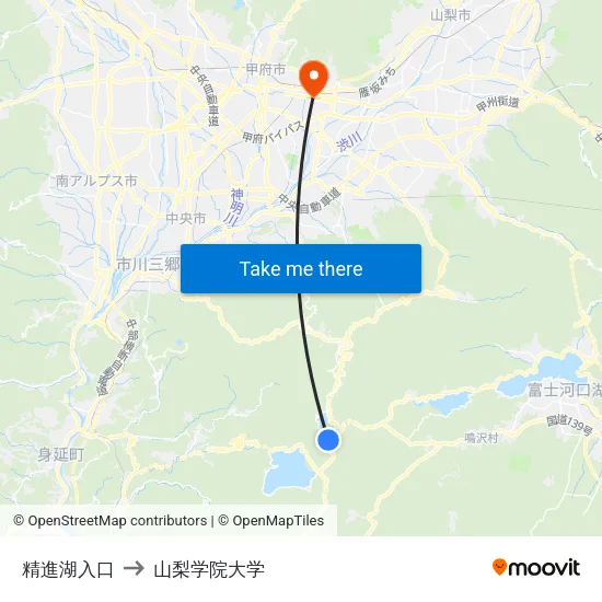 精進湖入口 to 山梨学院大学 map