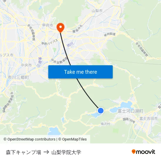 森下キャンプ場 to 山梨学院大学 map