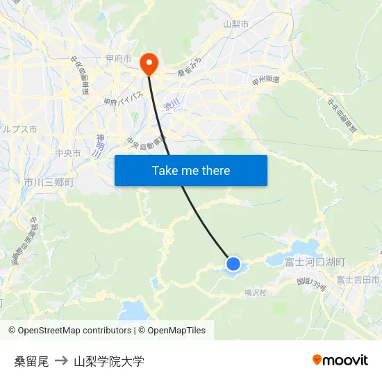 桑留尾 to 山梨学院大学 map