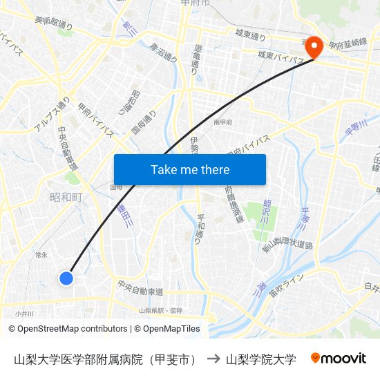 山梨大学医学部附属病院（甲斐市） to 山梨学院大学 map