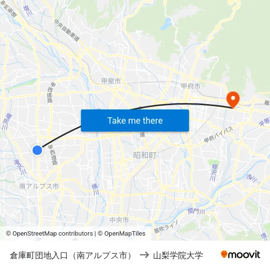 倉庫町団地入口（南アルプス市） to 山梨学院大学 map