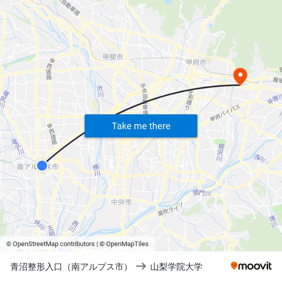 青沼整形入口（南アルプス市） to 山梨学院大学 map