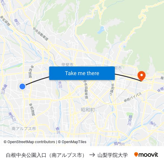 白根中央公園入口（南アルプス市） to 山梨学院大学 map