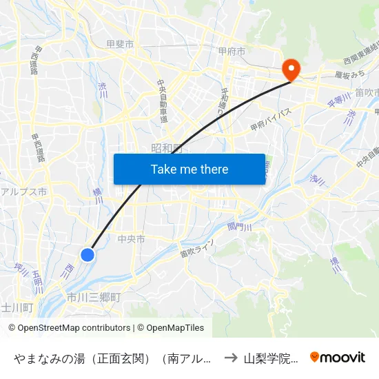 やまなみの湯（正面玄関）（南アルプス市） to 山梨学院大学 map