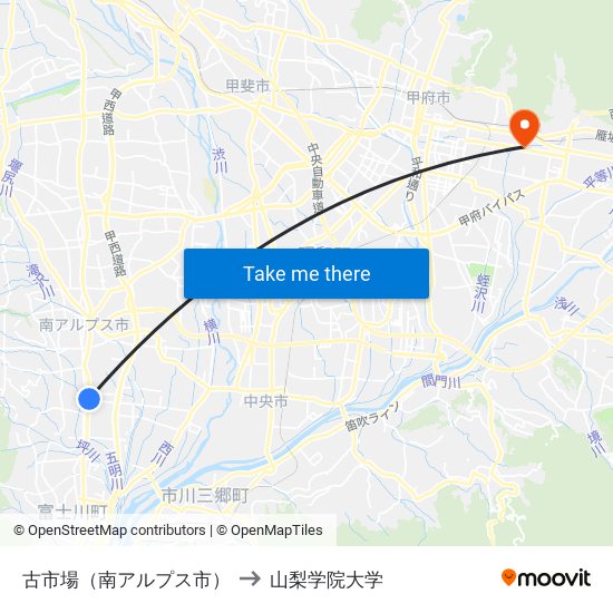 古市場（南アルプス市） to 山梨学院大学 map