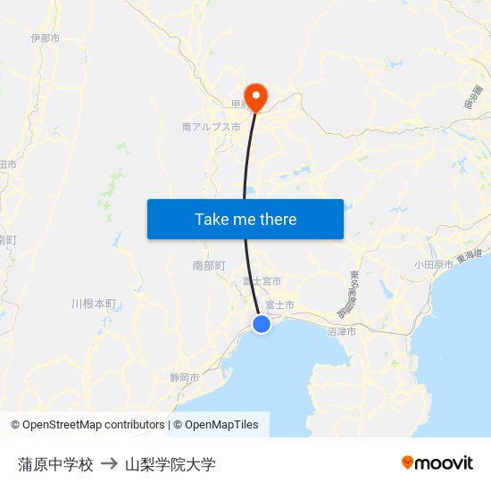 蒲原中学校 to 山梨学院大学 map