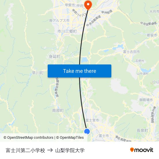 富士川第二小学校 to 山梨学院大学 map