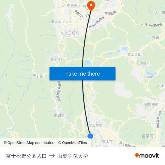 富士松野公園入口 to 山梨学院大学 map