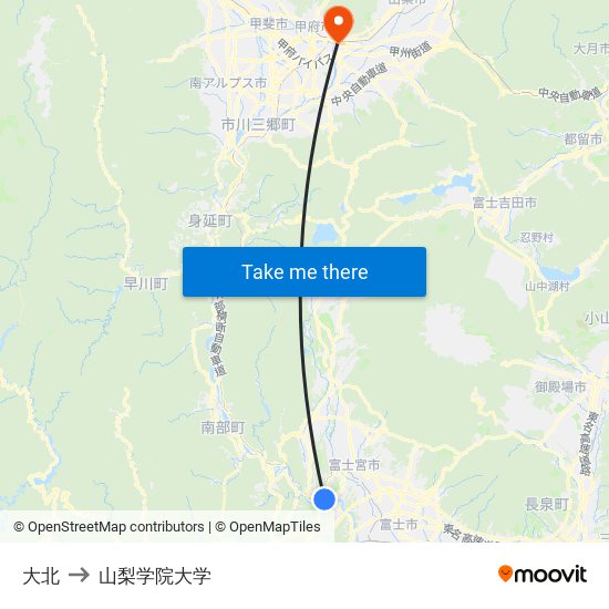 大北 to 山梨学院大学 map