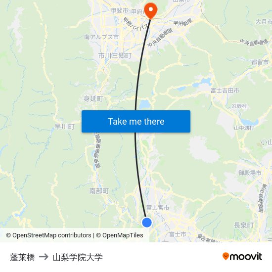 蓬莱橋 to 山梨学院大学 map