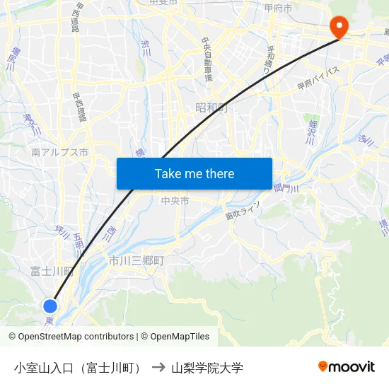 小室山入口（富士川町） to 山梨学院大学 map