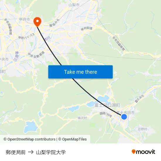 郵便局前 to 山梨学院大学 map