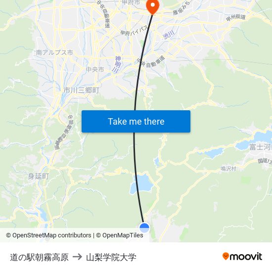 道の駅朝霧高原 to 山梨学院大学 map