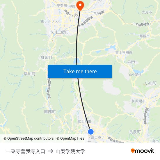 一乗寺曽我寺入口 to 山梨学院大学 map