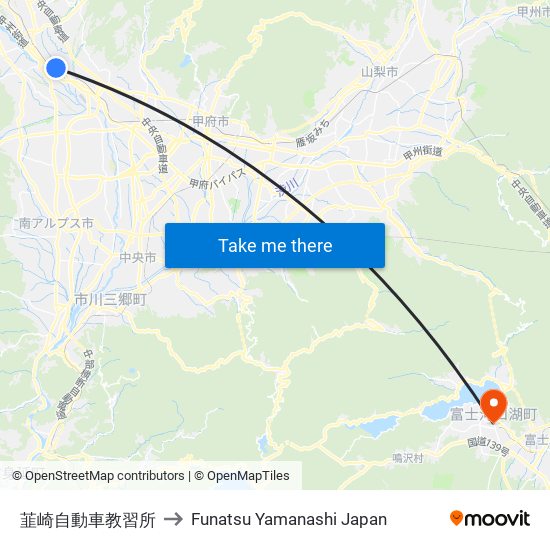 韮崎自動車教習所 to Funatsu Yamanashi Japan map