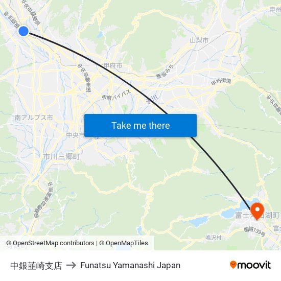 中銀韮崎支店 to Funatsu Yamanashi Japan map