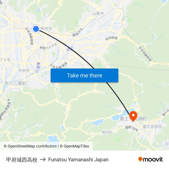 甲府城西高校 to Funatsu Yamanashi Japan map